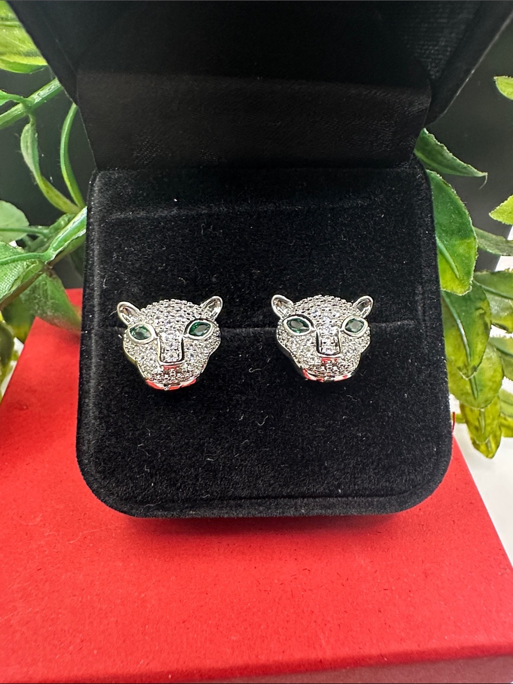 Silver Leopard Head Stud Earrings with Green Eyes - Women Jewelry